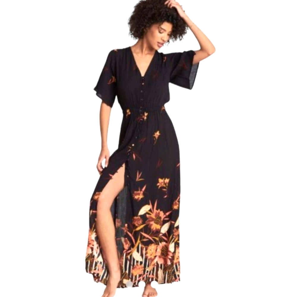 Billabong Black Maxi Dress with Orange Floral Print